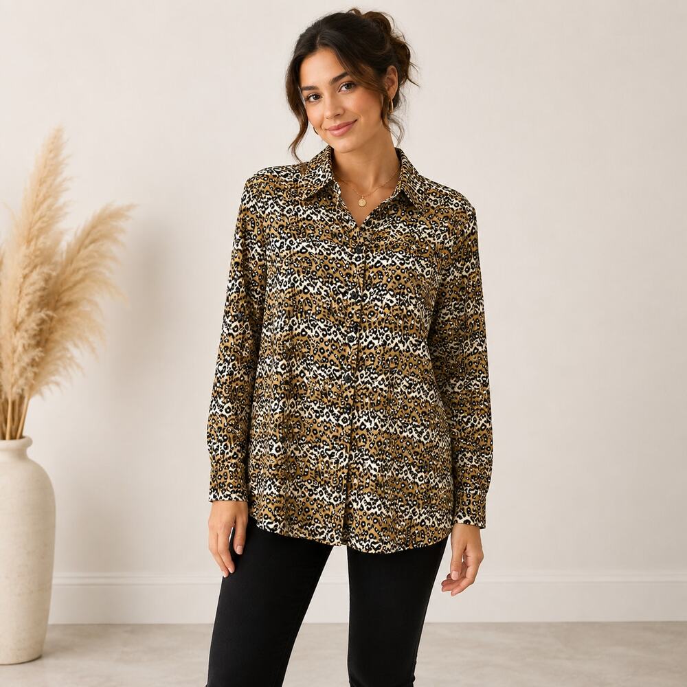Denim & Co Women XS Leopard Animal Print Button Up Blouse Chic Mob Wife Edgy 90s